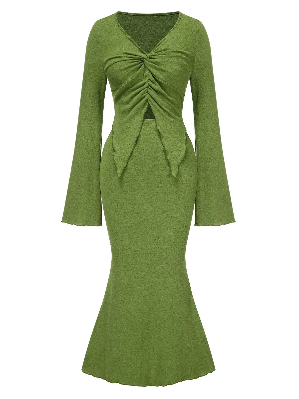 2PCS Olive Green 1930s V-Neck Top & Mermaid Skirt