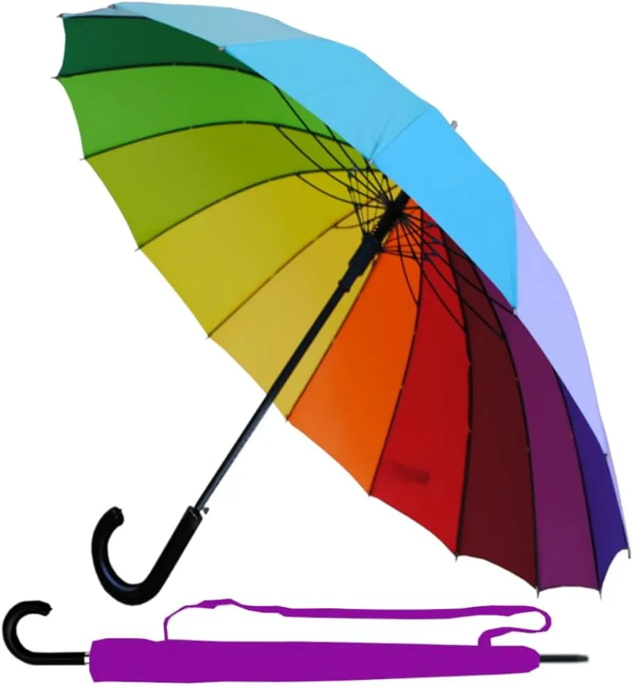 60MPH Windproof Strong Umbrella - Heavy Duty Extra Strong with 16 Ribs - Best Triple Layer Reinforced Frame with Fiberglass - Large Straight Auto Umbrella - Rainbow Canopy