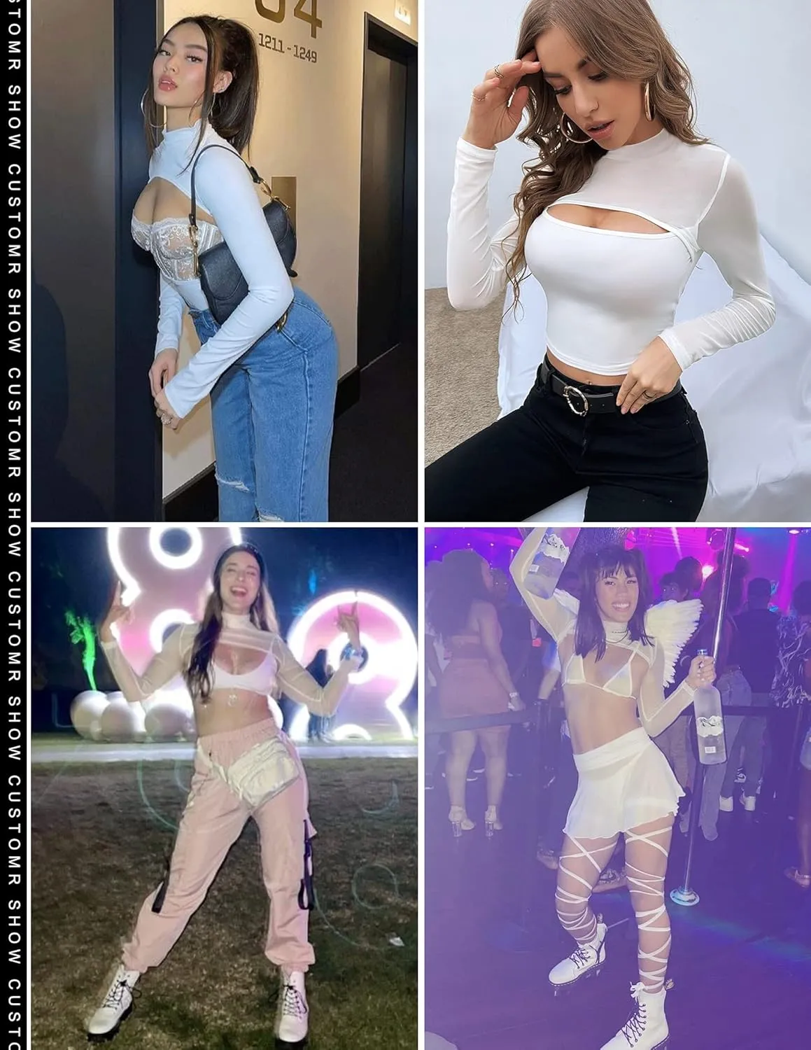 Avidlove Mesh Crop Tops for Women Mock Neck Long Sleeve Crop Top See Through Shirt Top Sexy Clubwear