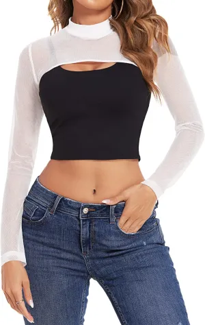 Avidlove Mesh Crop Tops for Women Mock Neck Long Sleeve Crop Top See Through Shirt Top Sexy Clubwear