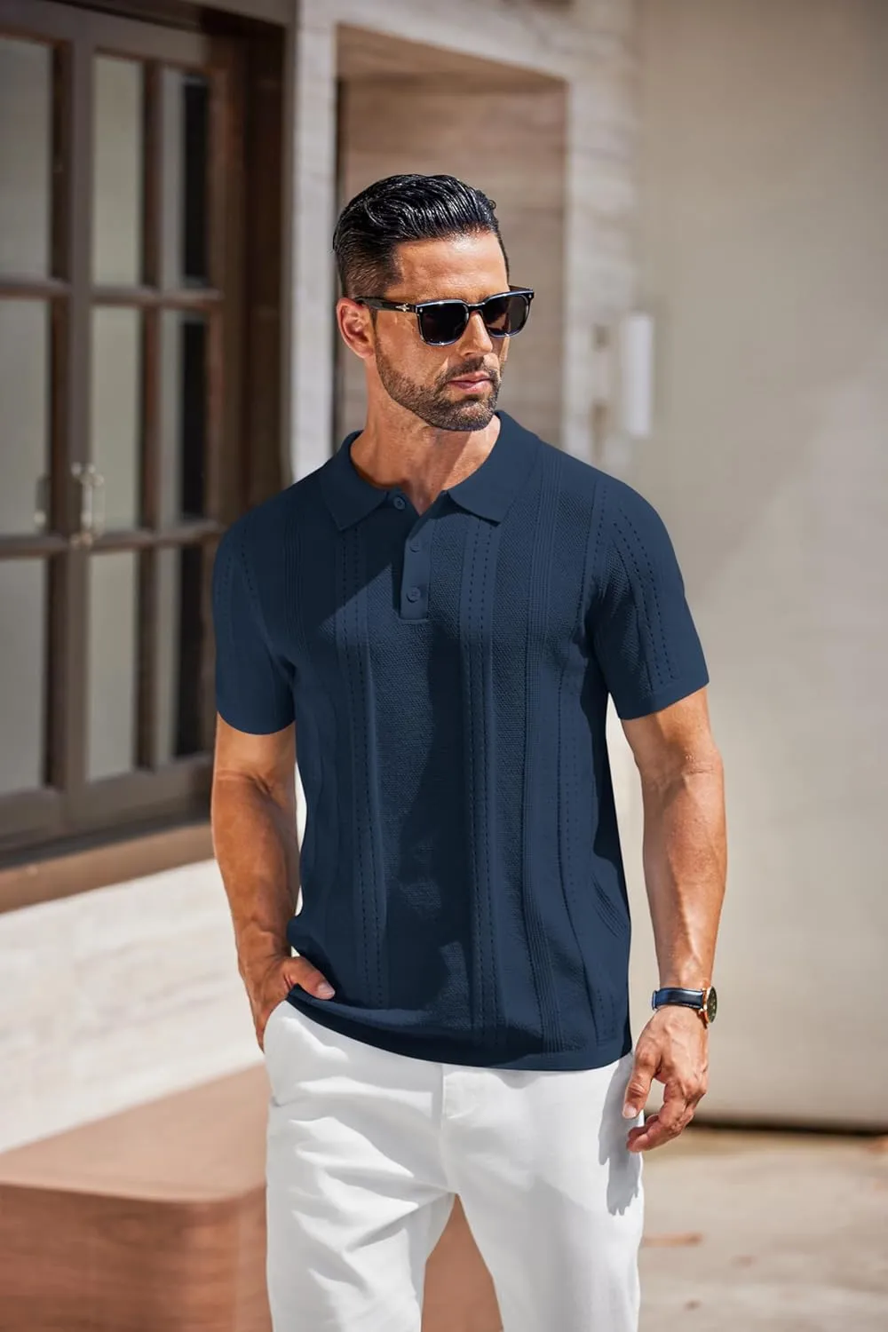 COOFANDY Mens Knit Polo Shirts Short Sleeve Collared Golf Shirt Hollow Out Textured T-Shirt Summer Fashion Tops