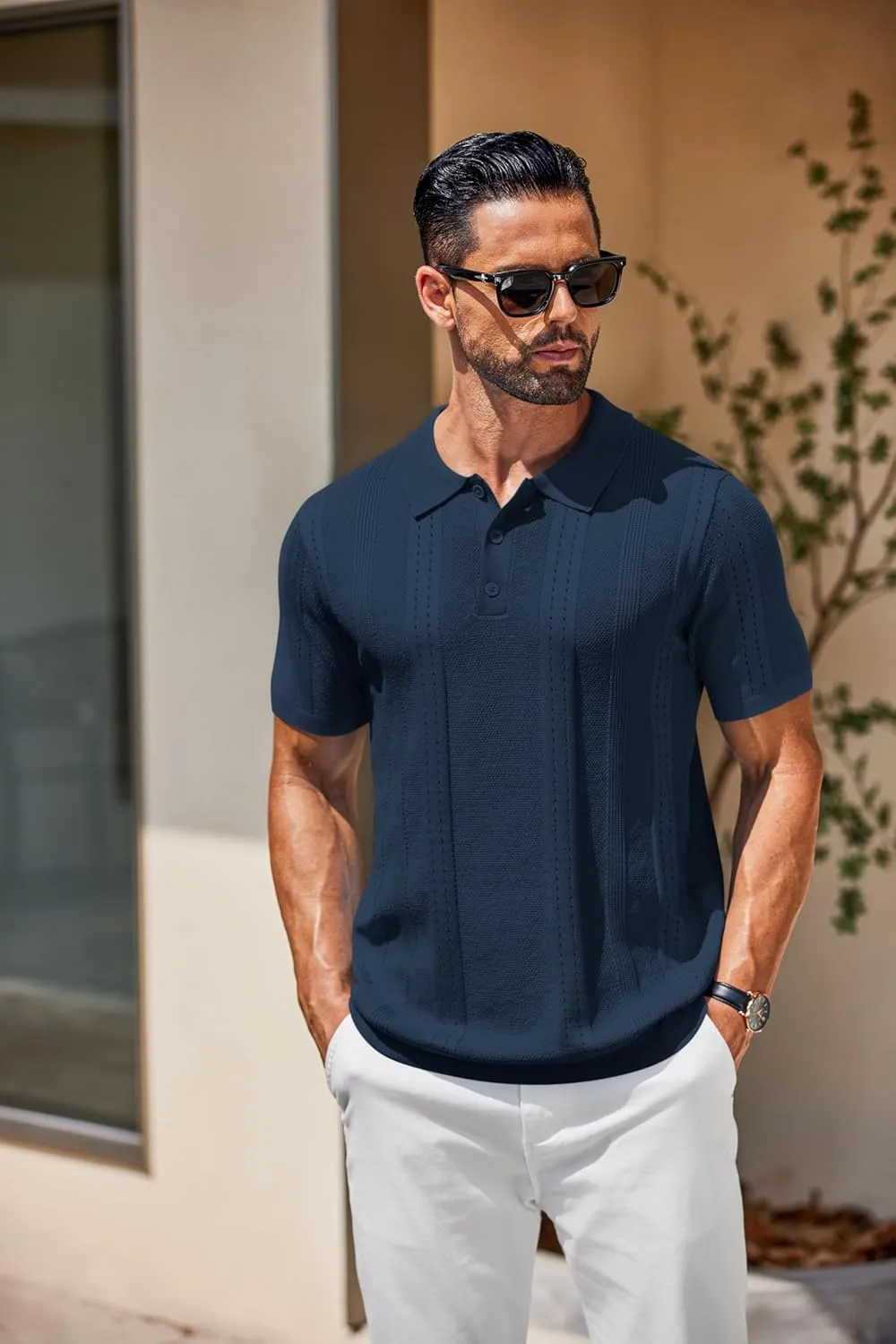 COOFANDY Mens Knit Polo Shirts Short Sleeve Collared Golf Shirt Hollow Out Textured T-Shirt Summer Fashion Tops