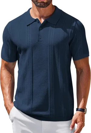 COOFANDY Mens Knit Polo Shirts Short Sleeve Collared Golf Shirt Hollow Out Textured T-Shirt Summer Fashion Tops