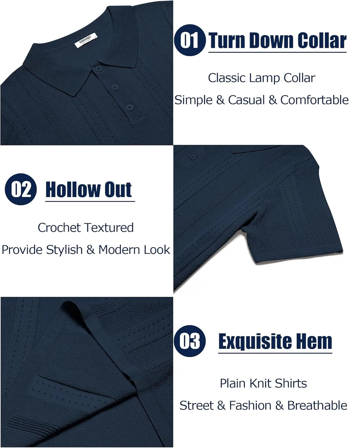 COOFANDY Mens Knit Polo Shirts Short Sleeve Collared Golf Shirt Hollow Out Textured T-Shirt Summer Fashion Tops