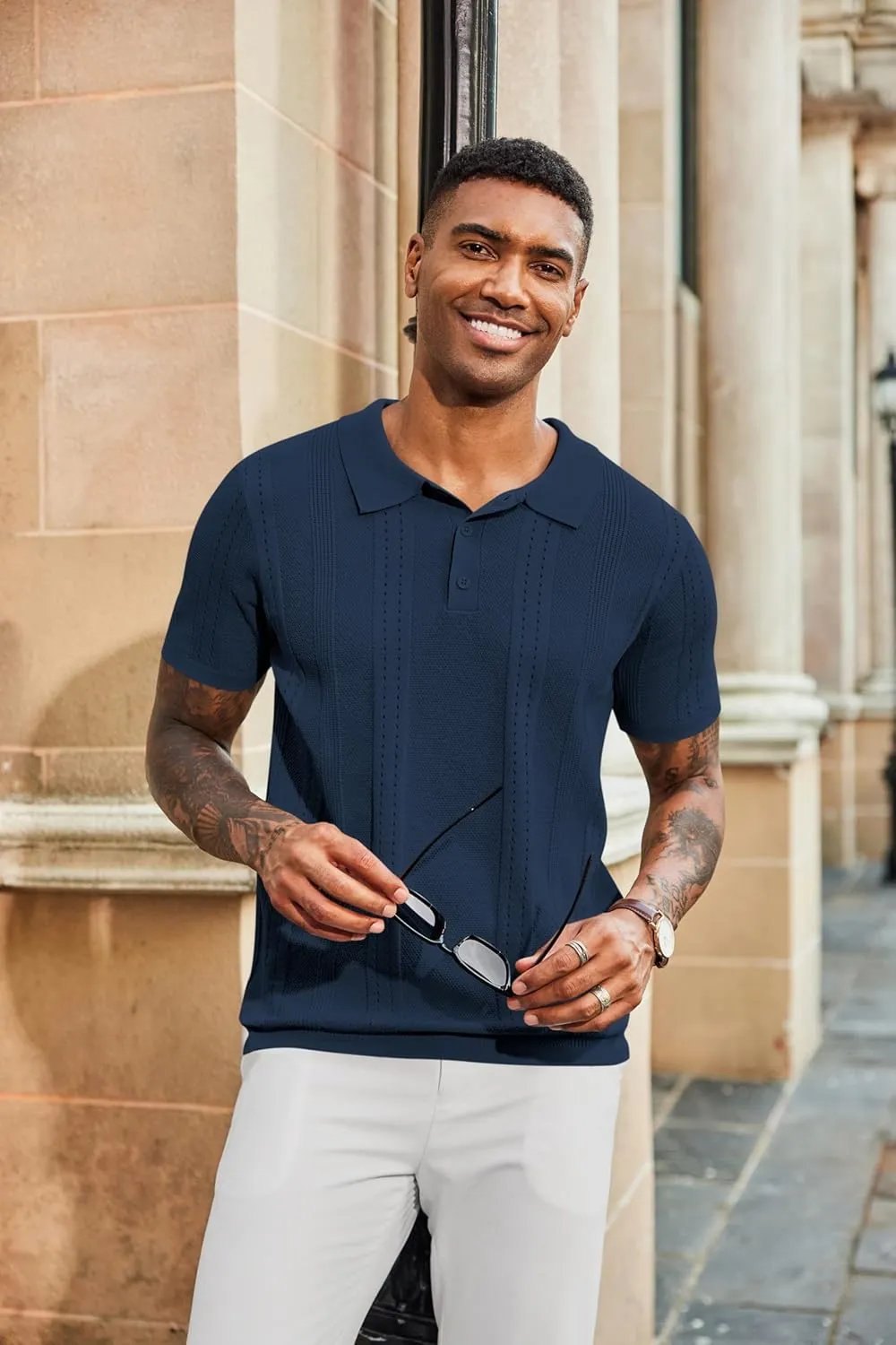 COOFANDY Mens Knit Polo Shirts Short Sleeve Collared Golf Shirt Hollow Out Textured T-Shirt Summer Fashion Tops