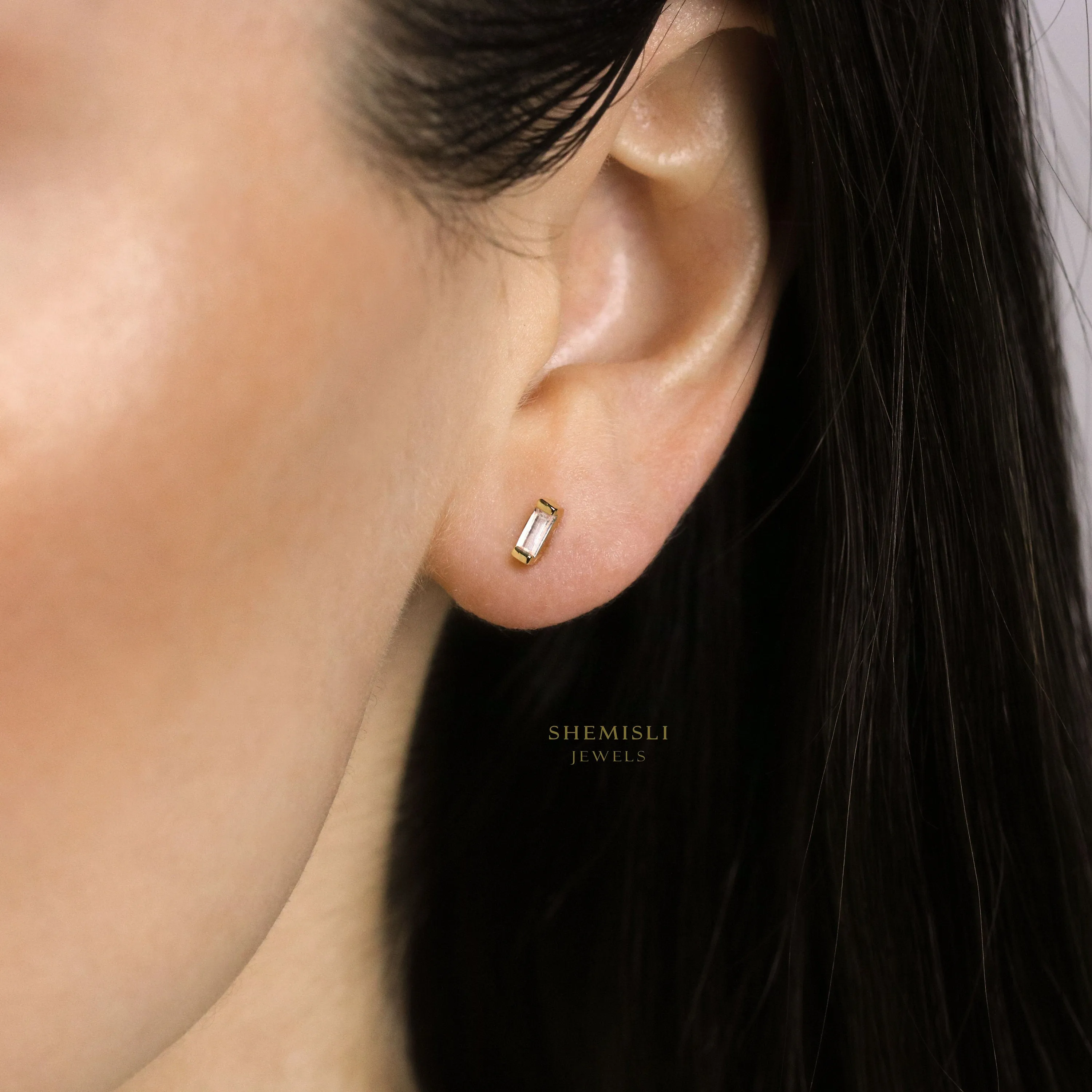 CZ Baguette Studs Earrings, White Emerald Turquoise Sapphire Black Opal, Unisex, Gold, Silver SHEMISLI SS217 SS218 SS284 SS285 SS286 SS287