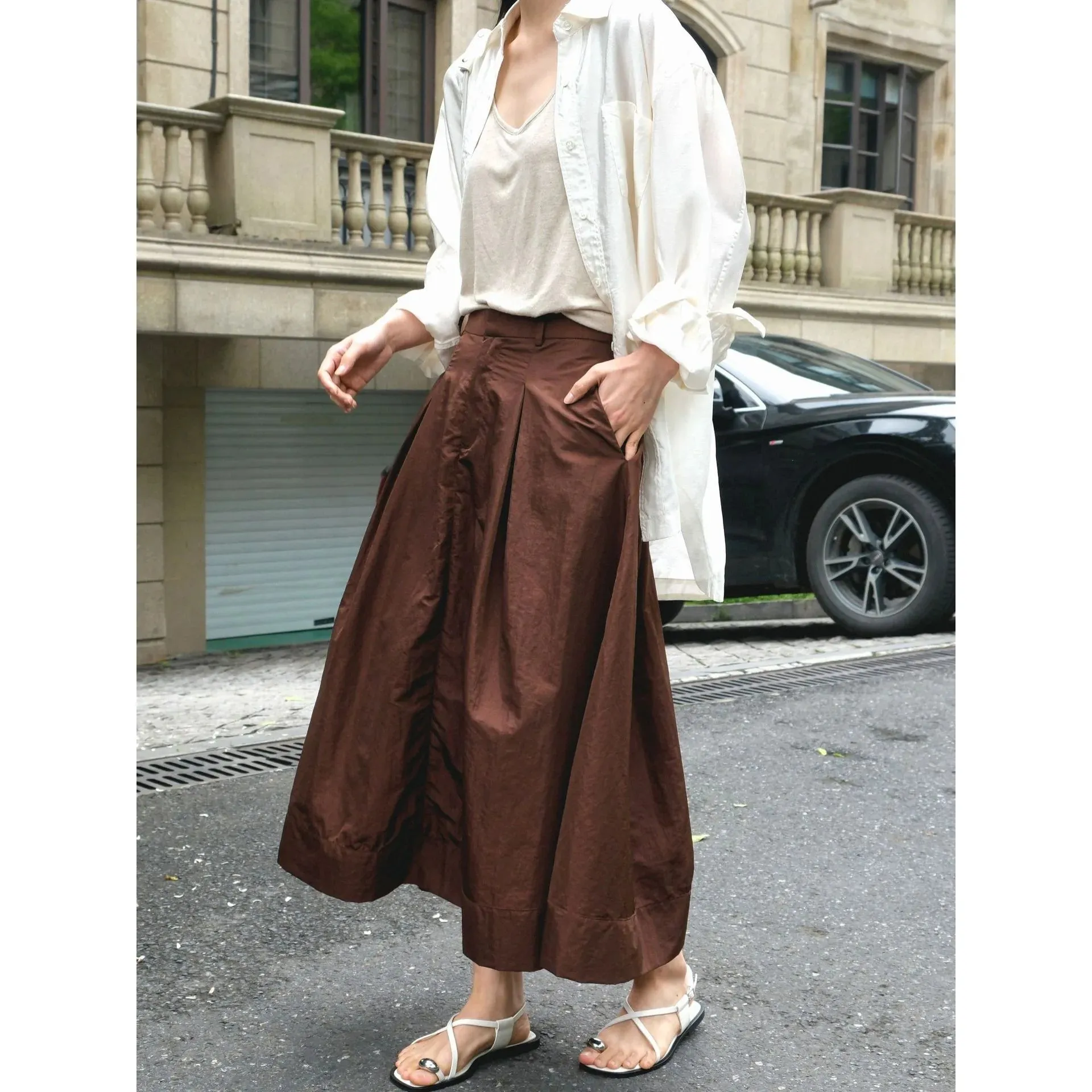 FLYTONN-Summer Gloss High Waist Umbrella Slim A-line Long Smooth Half Skirt for Women