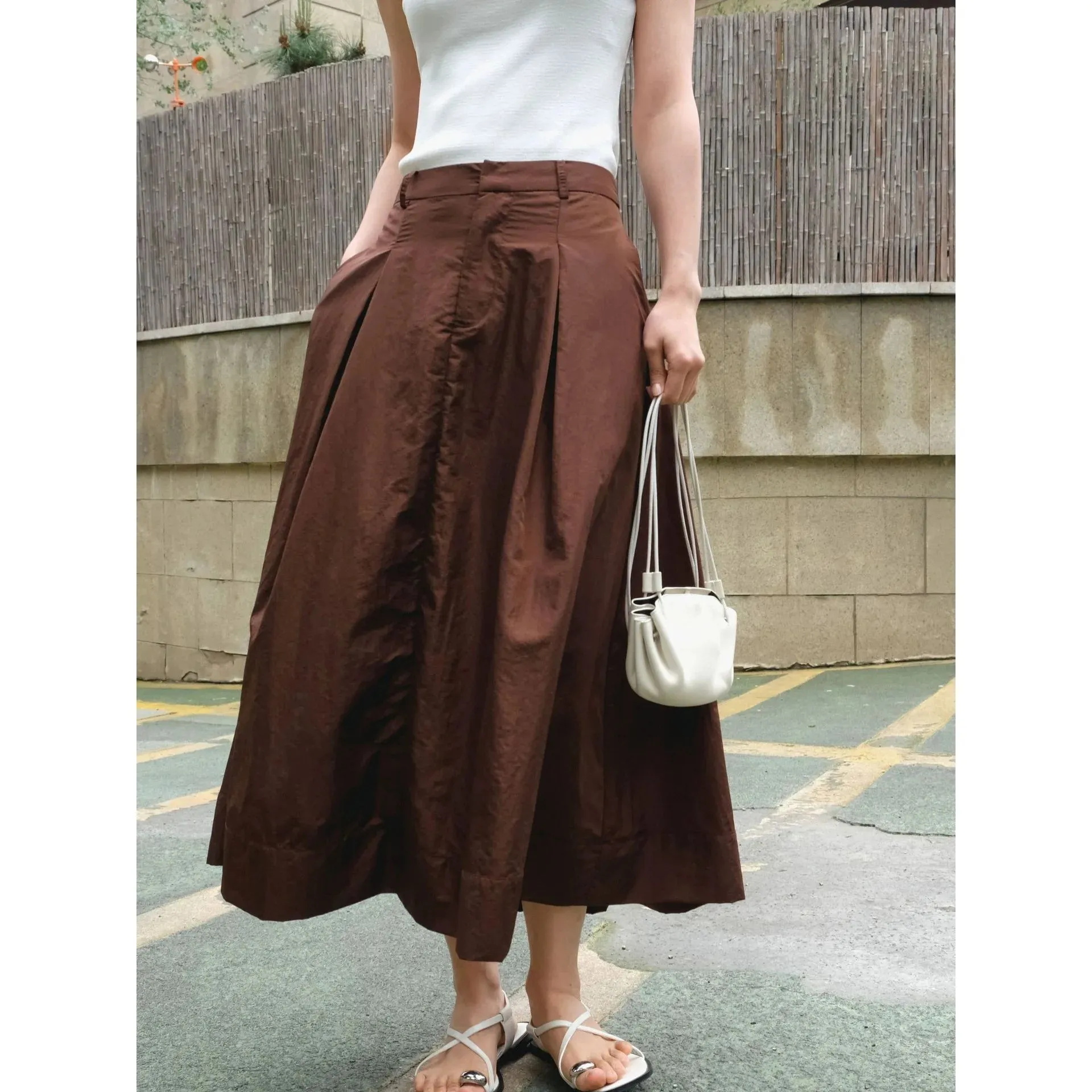 FLYTONN-Summer Gloss High Waist Umbrella Slim A-line Long Smooth Half Skirt for Women