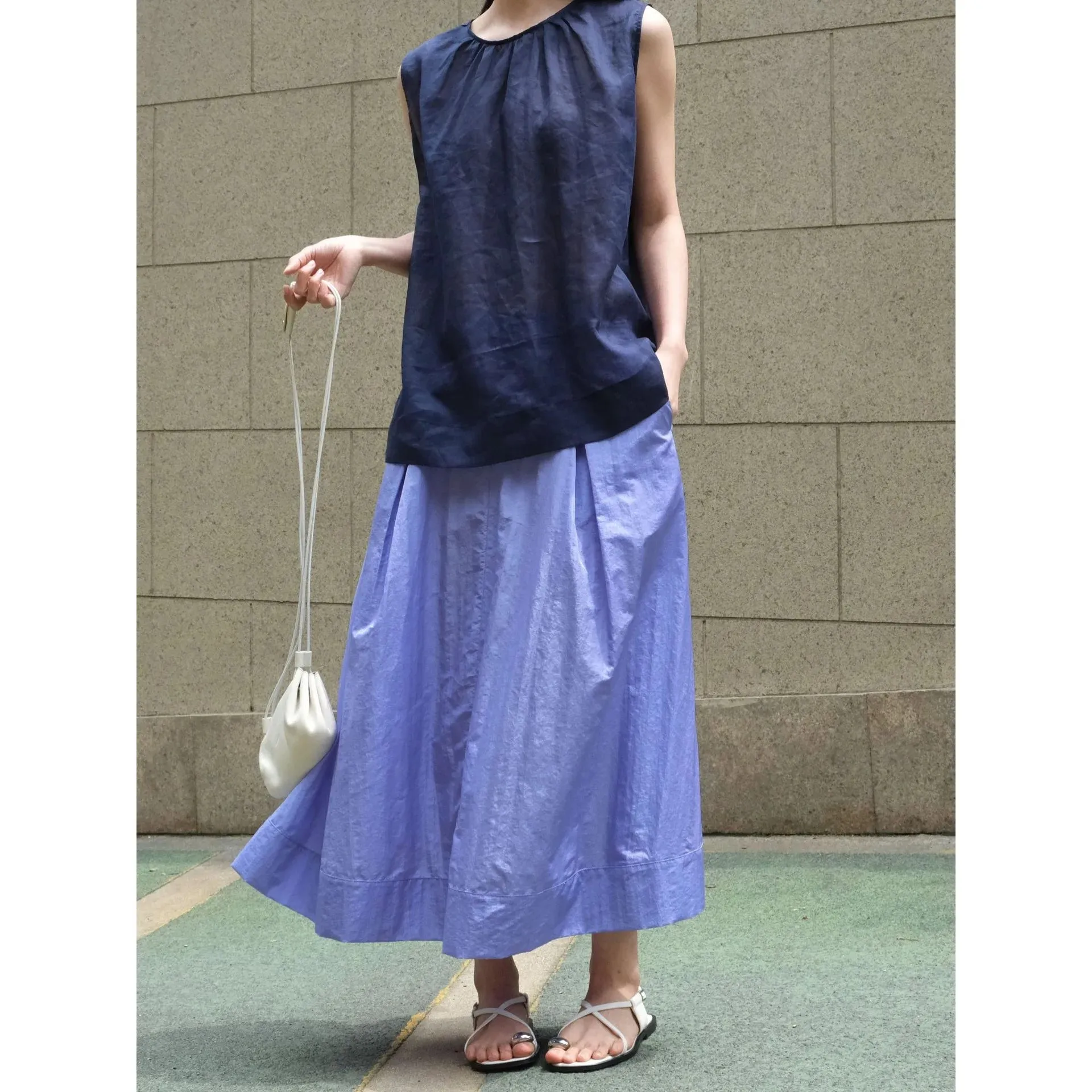 FLYTONN-Summer Gloss High Waist Umbrella Slim A-line Long Smooth Half Skirt for Women