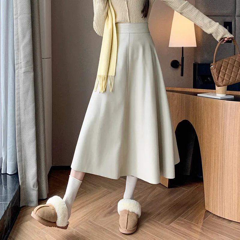 Girlary-shop business casual outfits for women A- line Umbrella Skirt Women's Skirt 2024 Autumn and Winter Large Swing Leather Skirt High Waist Mid-Length Skirt Covering PU Leather Long Skirt