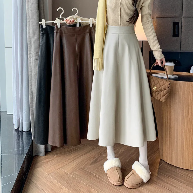 Girlary-shop business casual outfits for women A- line Umbrella Skirt Women's Skirt 2024 Autumn and Winter Large Swing Leather Skirt High Waist Mid-Length Skirt Covering PU Leather Long Skirt