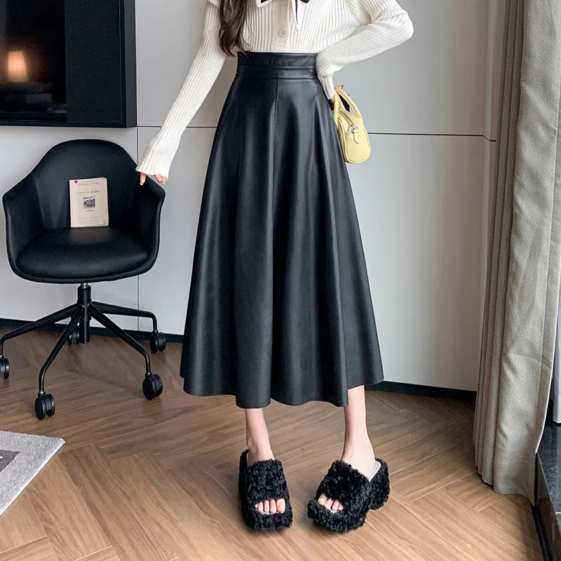 Girlary-shop business casual outfits for women A- line Umbrella Skirt Women's Skirt 2024 Autumn and Winter Large Swing Leather Skirt High Waist Mid-Length Skirt Covering PU Leather Long Skirt