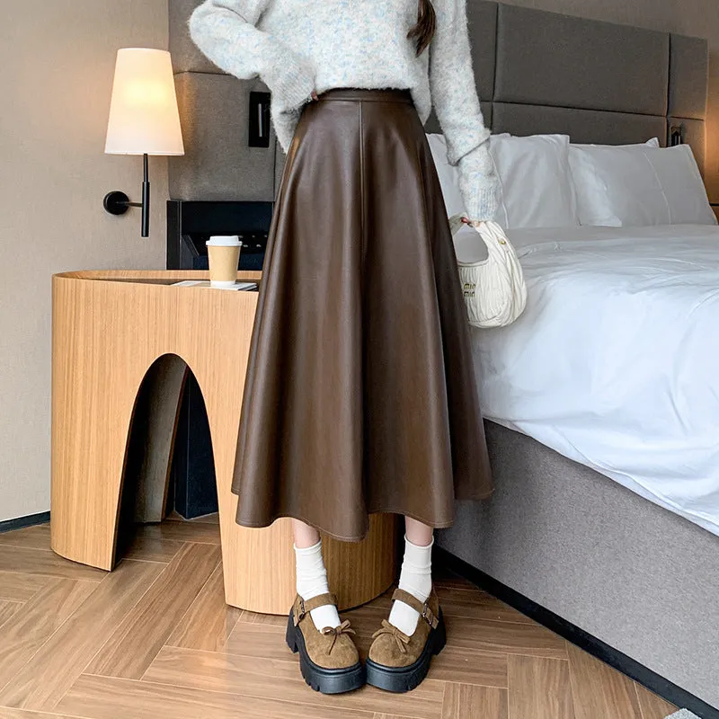 Girlary-shop business casual outfits for women A- line Umbrella Skirt Women's Skirt 2024 Autumn and Winter Large Swing Leather Skirt High Waist Mid-Length Skirt Covering PU Leather Long Skirt