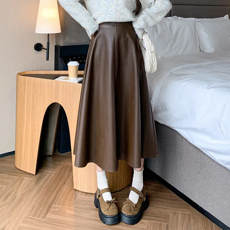Girlary-shop business casual outfits for women A- line Umbrella Skirt Women's Skirt 2024 Autumn and Winter Large Swing Leather Skirt High Waist Mid-Length Skirt Covering PU Leather Long Skirt