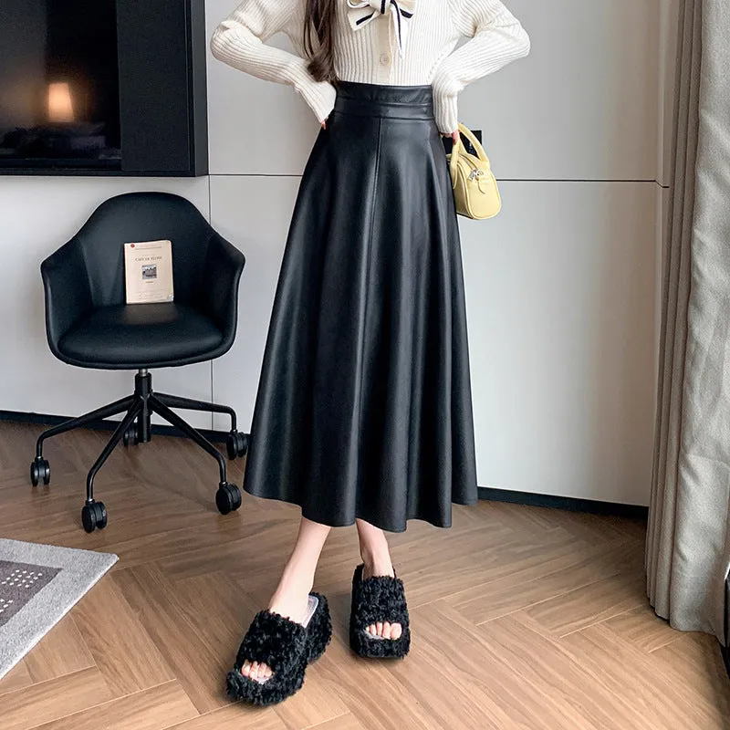 Girlary-shop business casual outfits for women A- line Umbrella Skirt Women's Skirt 2024 Autumn and Winter Large Swing Leather Skirt High Waist Mid-Length Skirt Covering PU Leather Long Skirt
