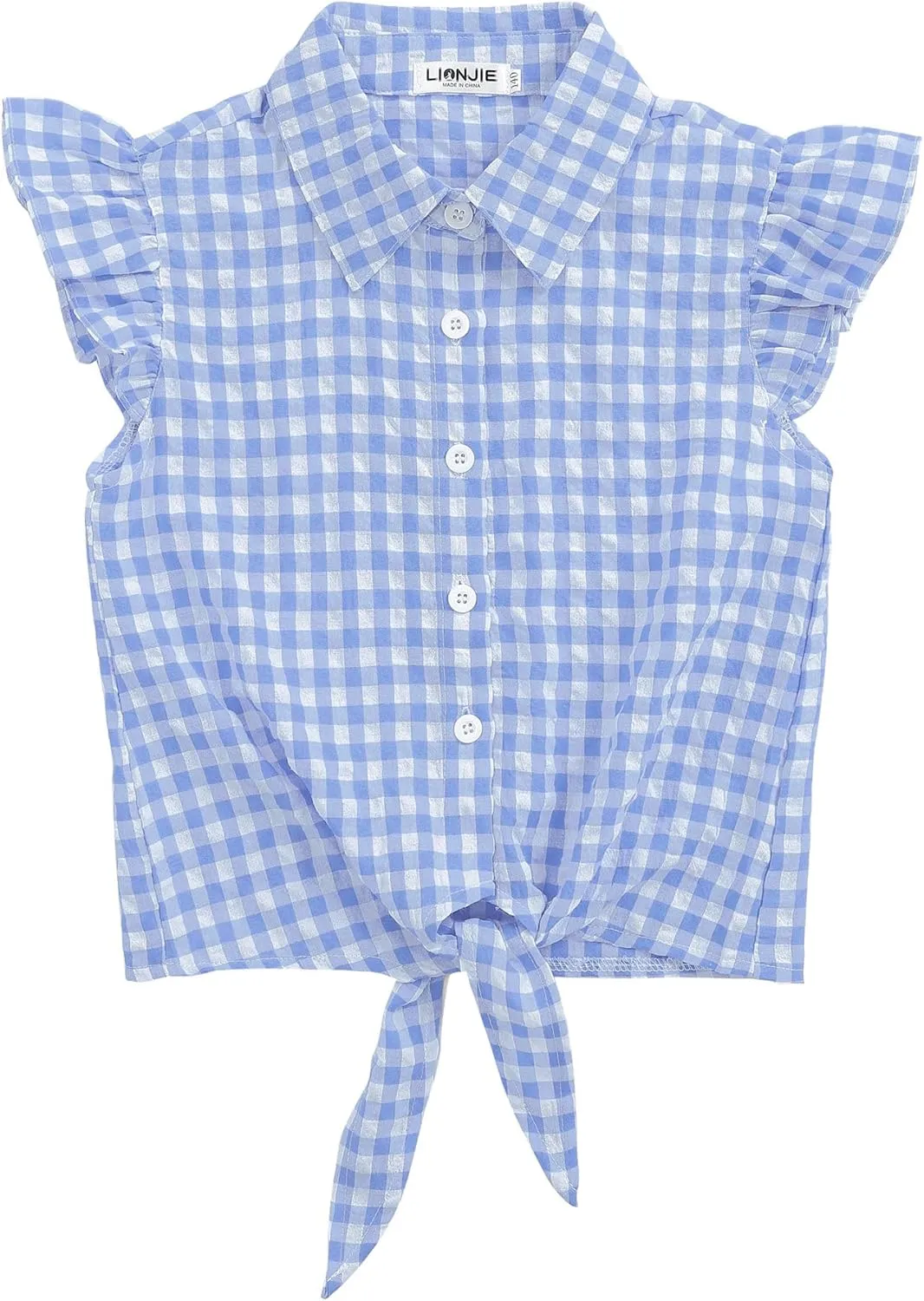 Girls Sleeveless Plaid Button Down Shirt Summer Crop Tops Tie Knot Ruffle Sleeve Shirt Blouse 3-12Y