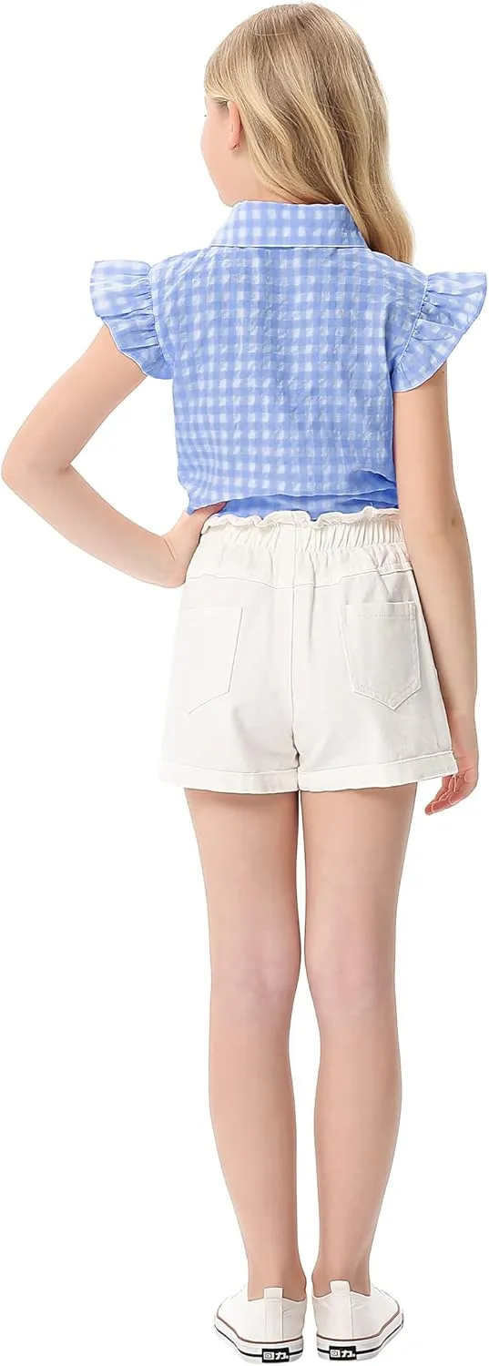 Girls Sleeveless Plaid Button Down Shirt Summer Crop Tops Tie Knot Ruffle Sleeve Shirt Blouse 3-12Y