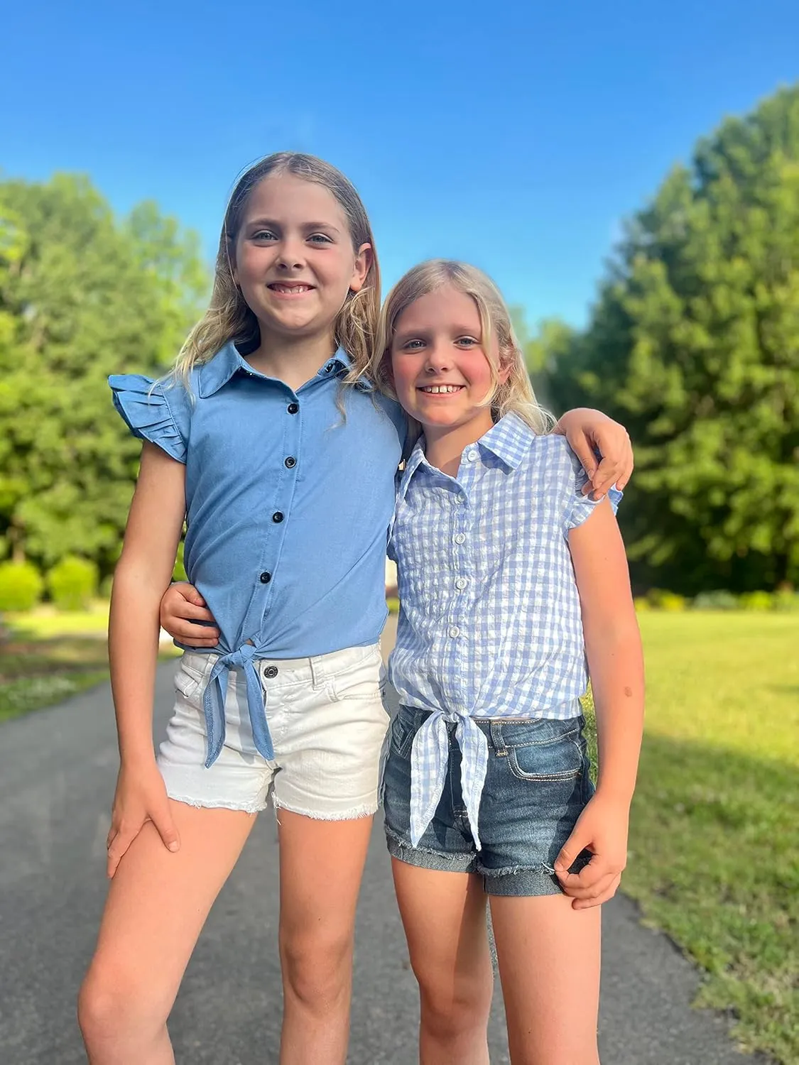 Girls Sleeveless Plaid Button Down Shirt Summer Crop Tops Tie Knot Ruffle Sleeve Shirt Blouse 3-12Y