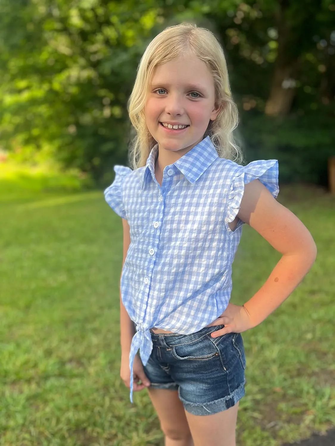 Girls Sleeveless Plaid Button Down Shirt Summer Crop Tops Tie Knot Ruffle Sleeve Shirt Blouse 3-12Y