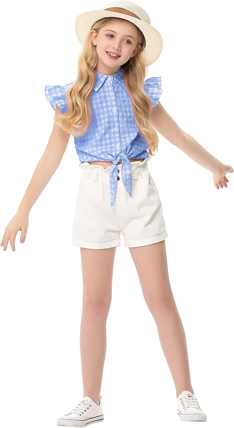 Girls Sleeveless Plaid Button Down Shirt Summer Crop Tops Tie Knot Ruffle Sleeve Shirt Blouse 3-12Y
