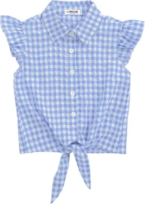 Girls Sleeveless Plaid Button Down Shirt Summer Crop Tops Tie Knot Ruffle Sleeve Shirt Blouse 3-12Y