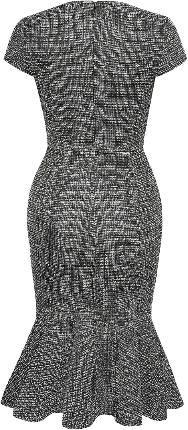 GRACE KARIN Womens Elegant Cap Sleeve Fishtail Tweed Cocktail Bodycon Dress