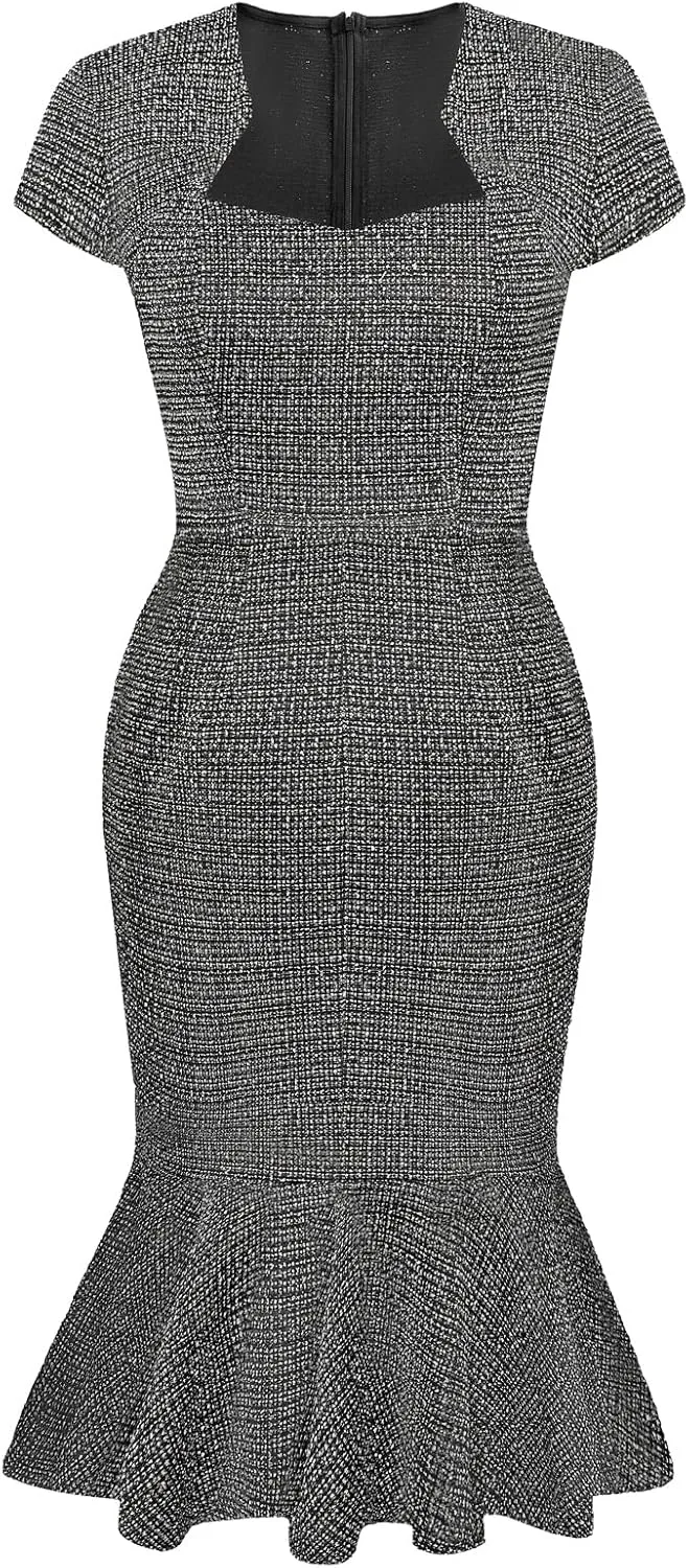 GRACE KARIN Womens Elegant Cap Sleeve Fishtail Tweed Cocktail Bodycon Dress
