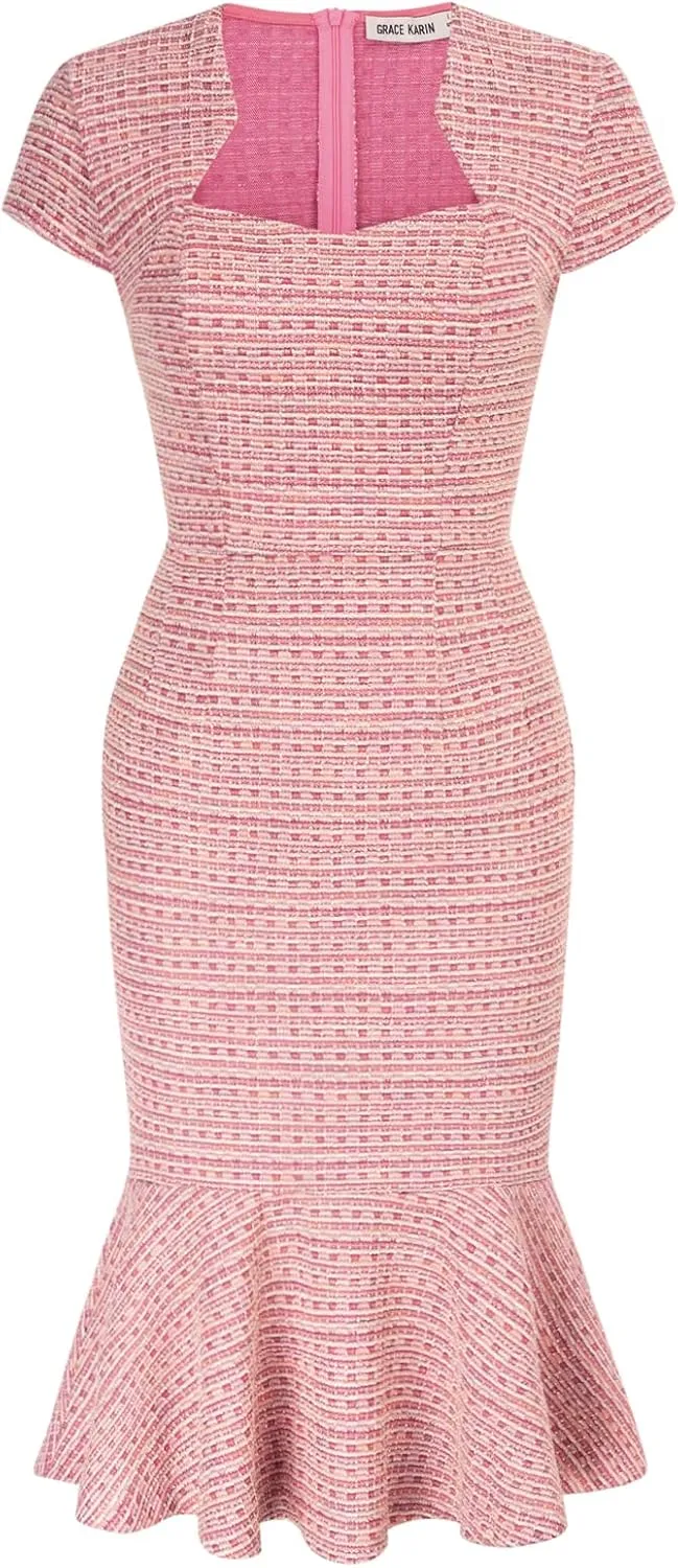 GRACE KARIN Womens Elegant Cap Sleeve Fishtail Tweed Cocktail Bodycon Dress