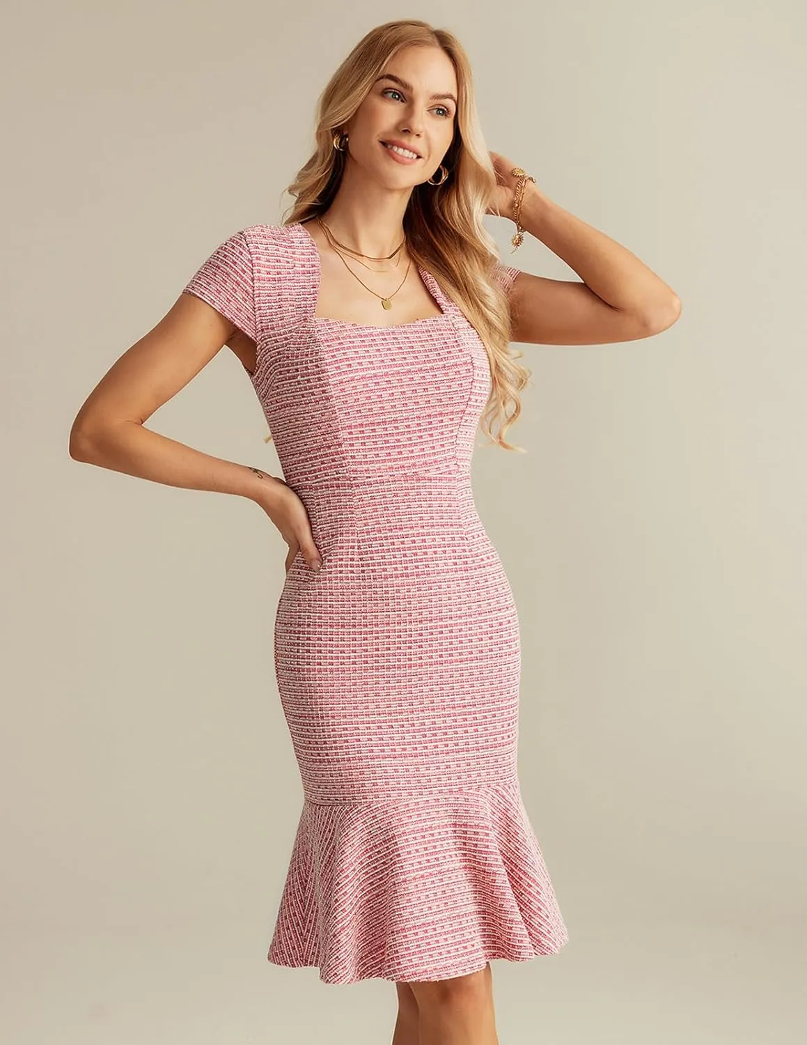 GRACE KARIN Womens Elegant Cap Sleeve Fishtail Tweed Cocktail Bodycon Dress