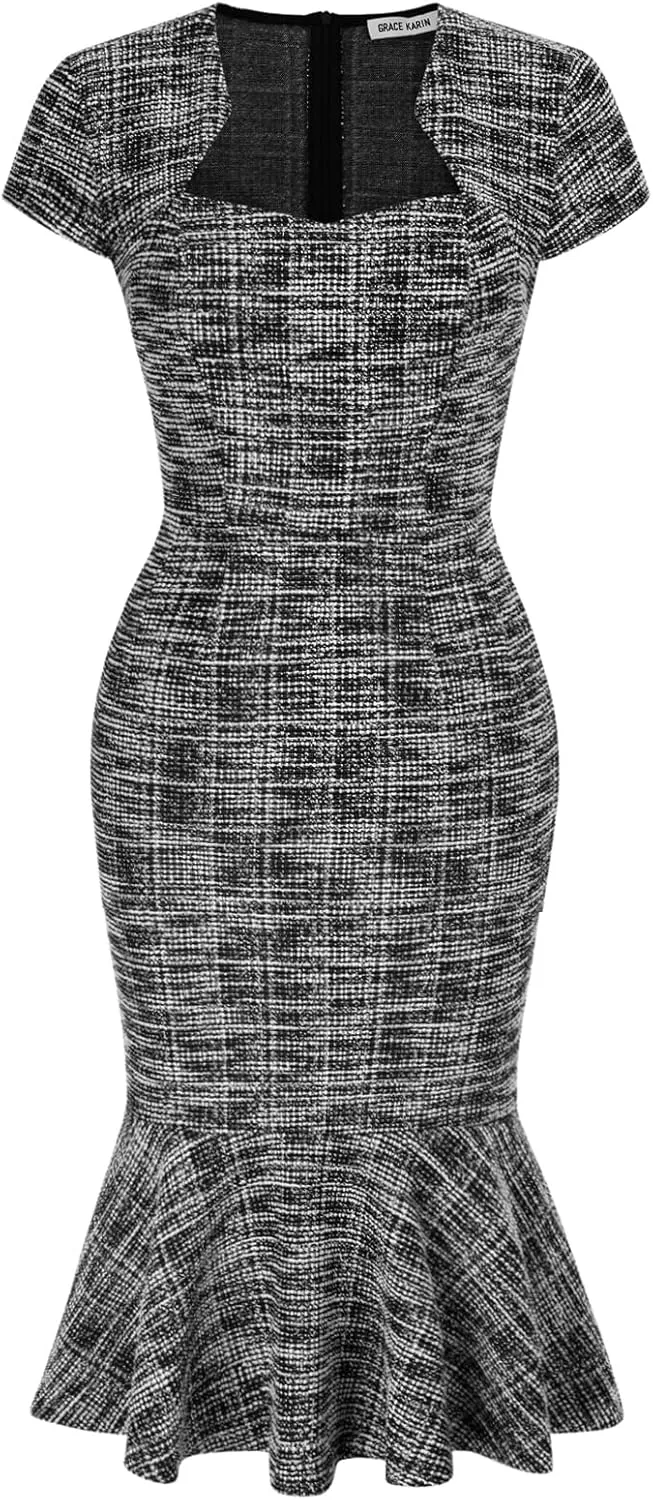GRACE KARIN Womens Elegant Cap Sleeve Fishtail Tweed Cocktail Bodycon Dress