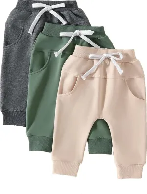 HIUARA Toddler Baby Boys Harem Pants 1/3-Pack Drawstring Pull-on Jogger Pants Kids Long Pants Elastic Waist Trousers Bottoms