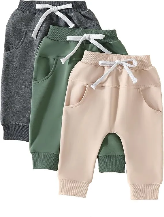 HIUARA Toddler Baby Boys Harem Pants 1/3-Pack Drawstring Pull-on Jogger Pants Kids Long Pants Elastic Waist Trousers Bottoms