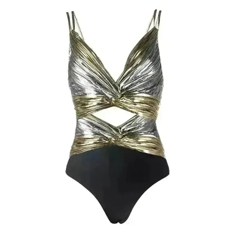 Hollow Color Contrast Patchwork  Summer Modest Swimsuit Skirt Swimsuit  for Women