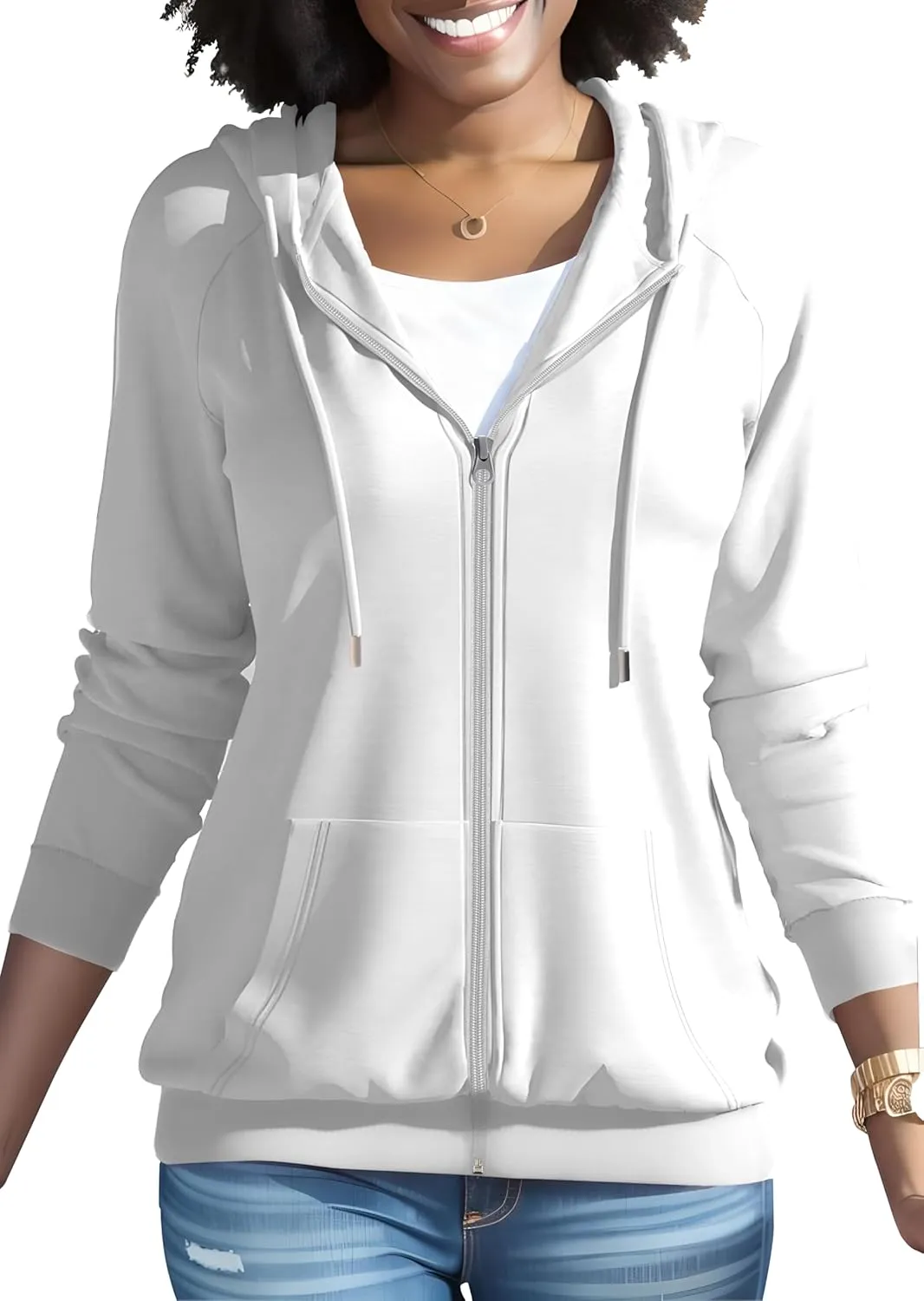 HTD Women Casual Full Zip Up Hoodie Basic Lightweight Long Sleeve Sweatshirt Solid Color Jacket With Pockets
