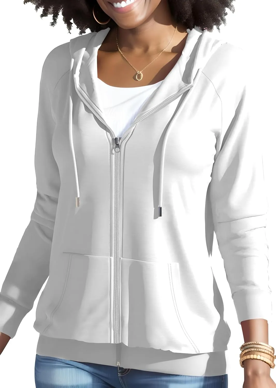 HTD Women Casual Full Zip Up Hoodie Basic Lightweight Long Sleeve Sweatshirt Solid Color Jacket With Pockets