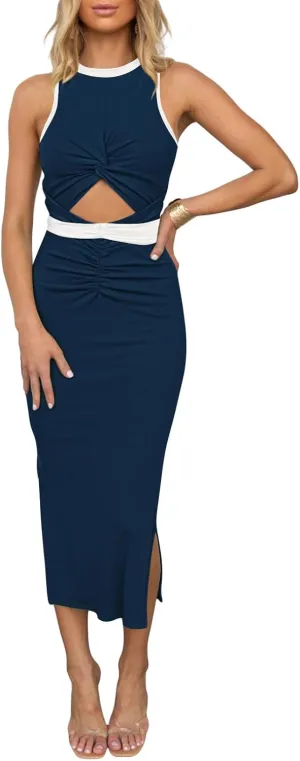 HUUSA Women's Sexy Sleeveless Cut Out Slim Bodycon Dress Crewneck Crisscross Twist Ruched Slit Ribbed Knit Tank Midi Dress