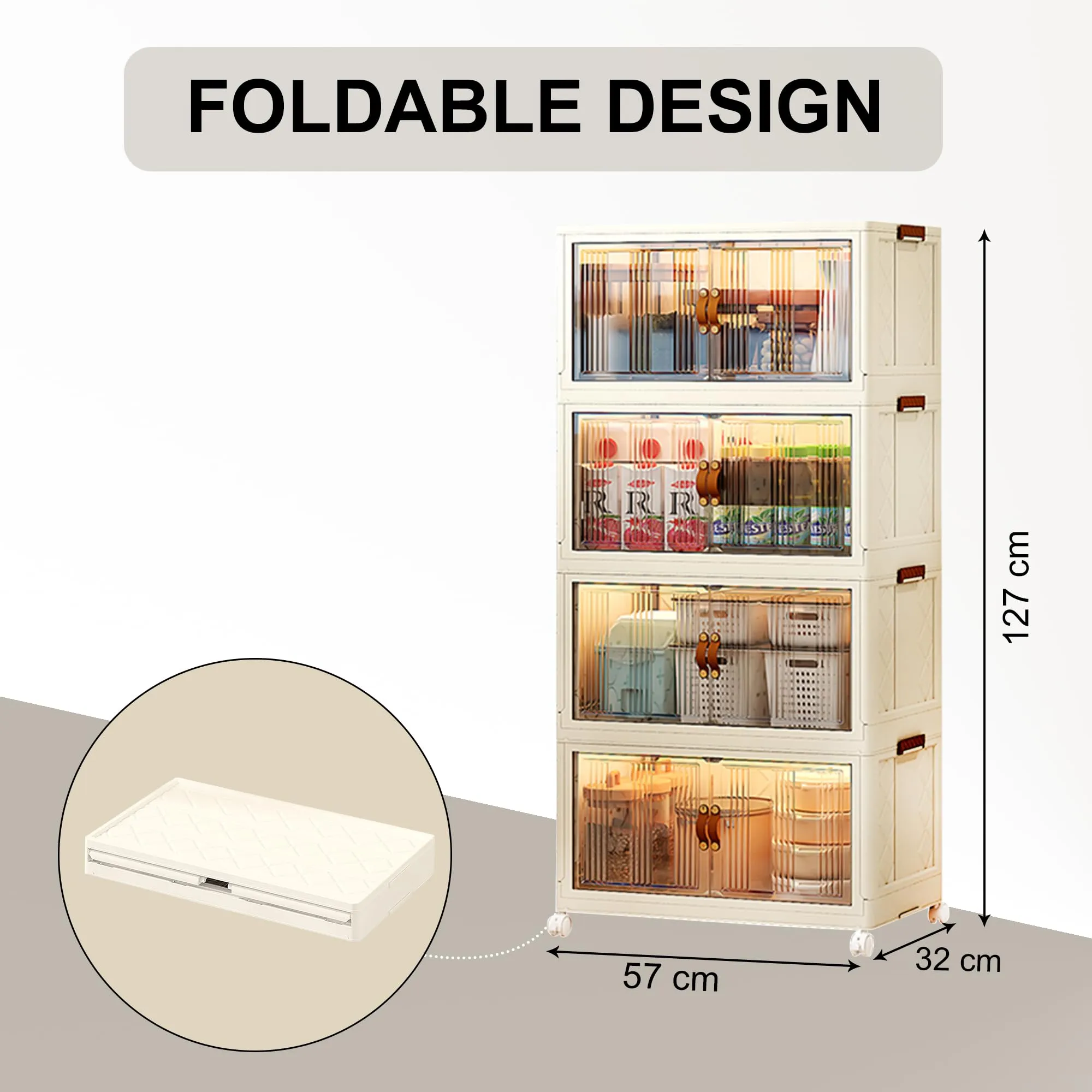 Kuber Industries (Set of 4) 3-Layer Double Door Almirah for Clothes - Collapsible & Foldable Dress Racks/Plastic Cupboard for Storage - White
