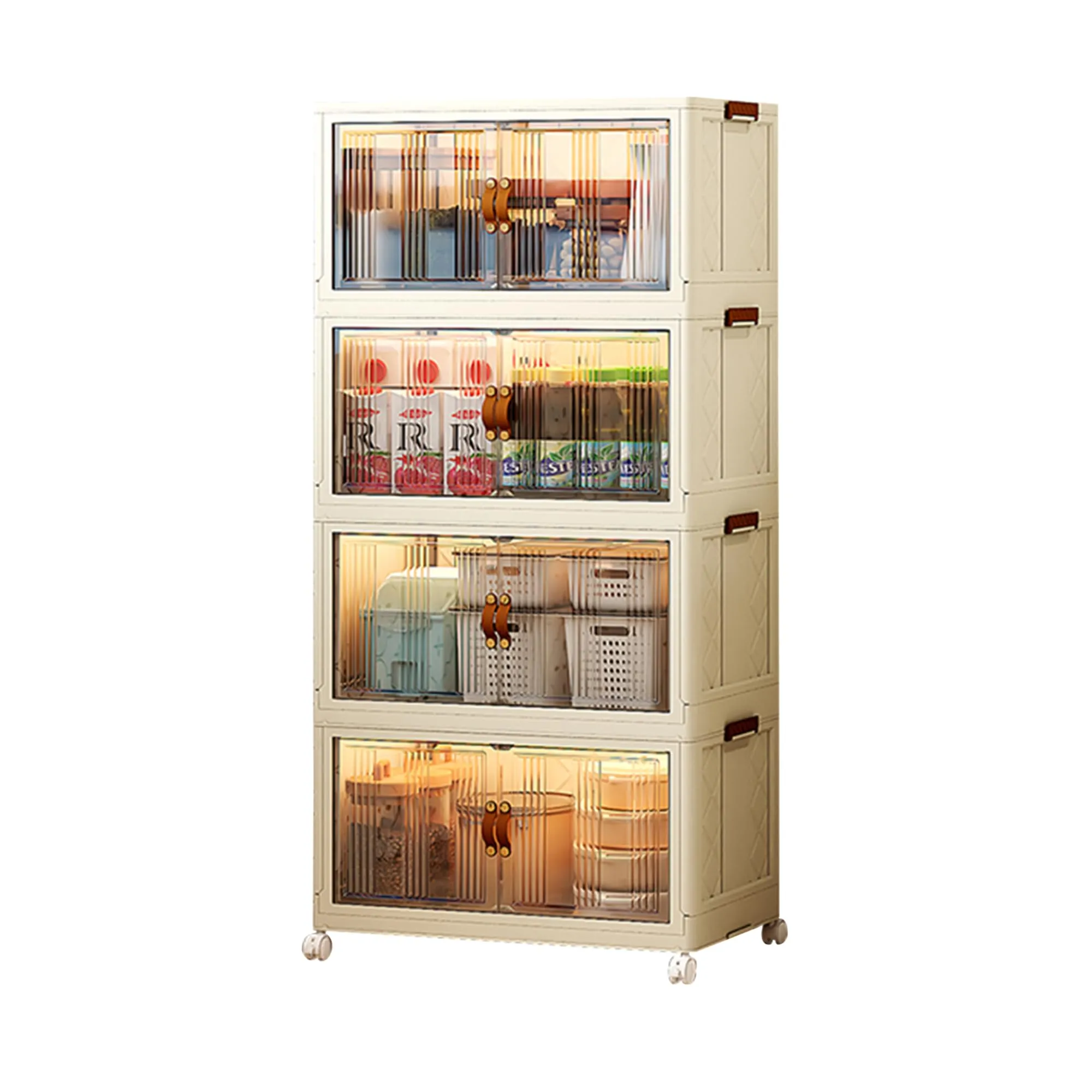 Kuber Industries (Set of 4) 3-Layer Double Door Almirah for Clothes - Collapsible & Foldable Dress Racks/Plastic Cupboard for Storage - White