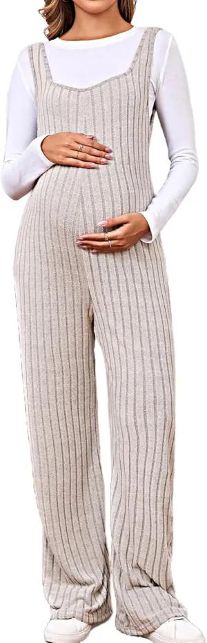 MakeMeChic Women's Maternity Jumpsuits Sleeveless Rib Knitted Straight Leg Overalls Romper