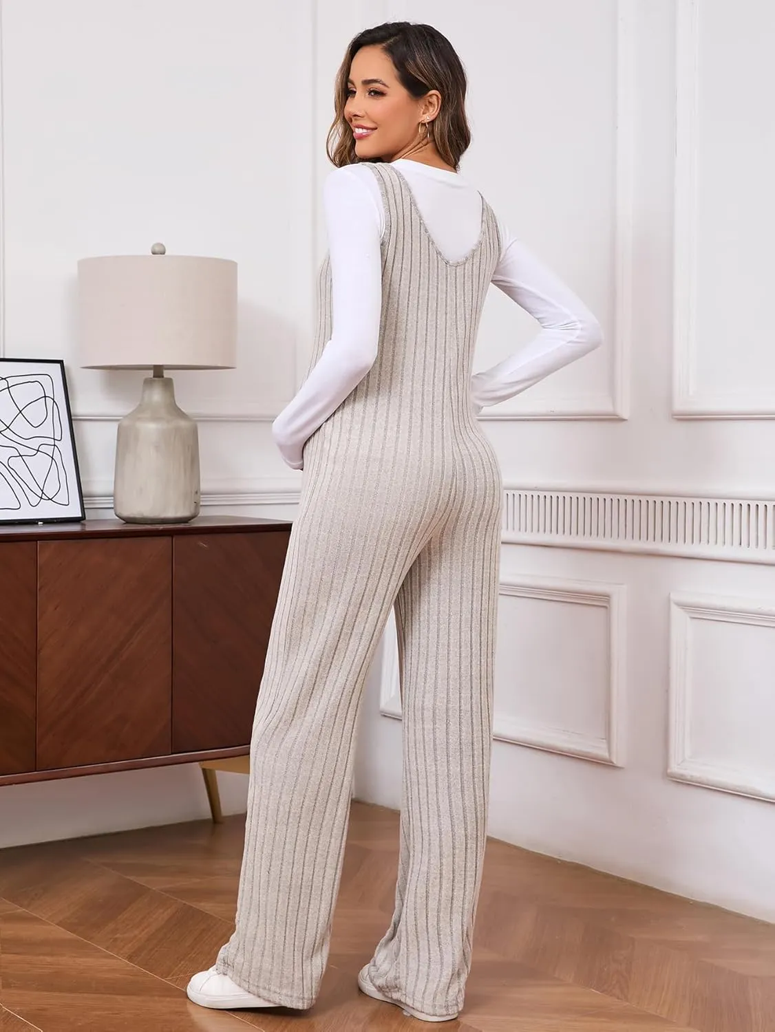 MakeMeChic Women's Maternity Jumpsuits Sleeveless Rib Knitted Straight Leg Overalls Romper