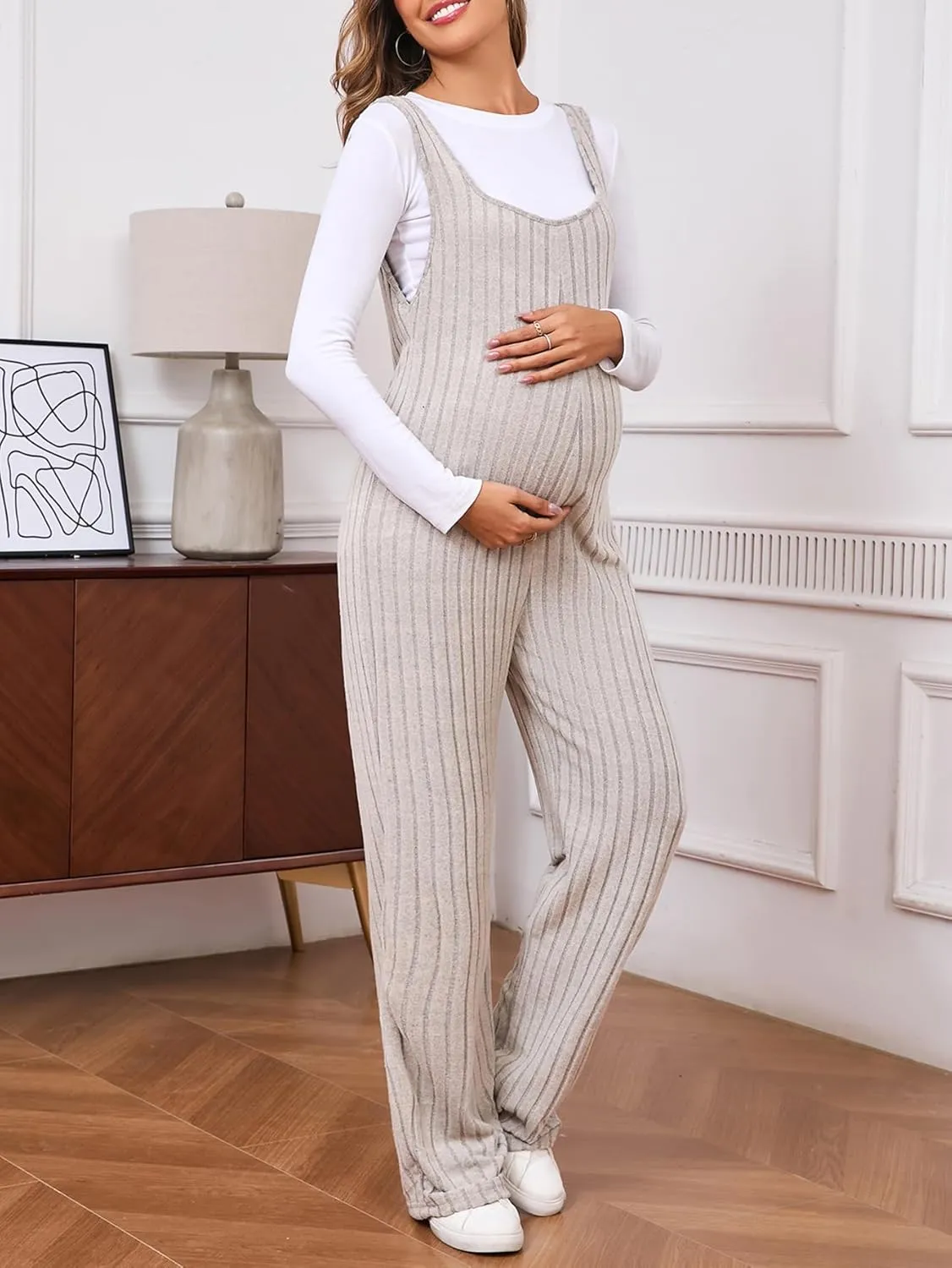 MakeMeChic Women's Maternity Jumpsuits Sleeveless Rib Knitted Straight Leg Overalls Romper