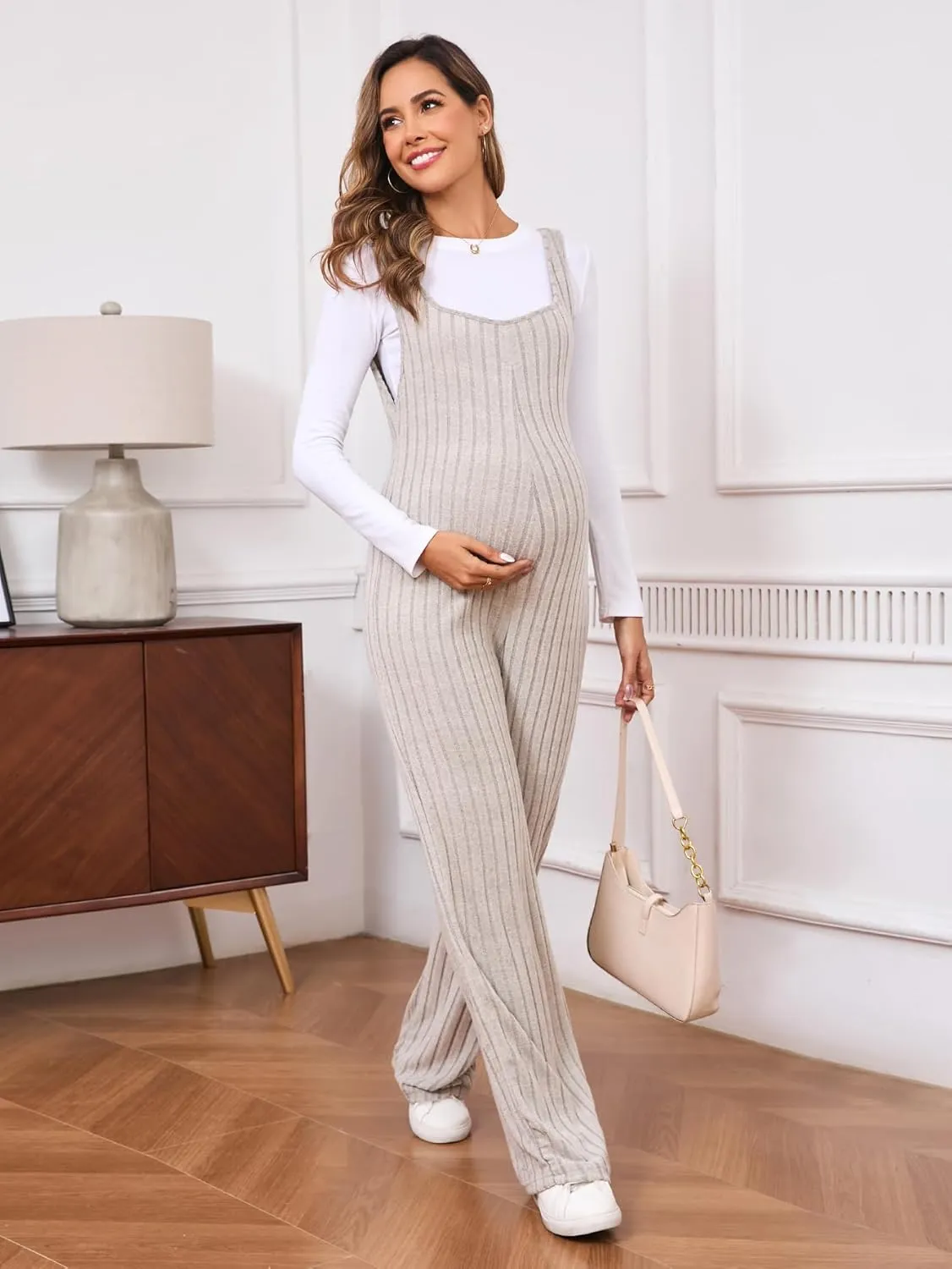 MakeMeChic Women's Maternity Jumpsuits Sleeveless Rib Knitted Straight Leg Overalls Romper