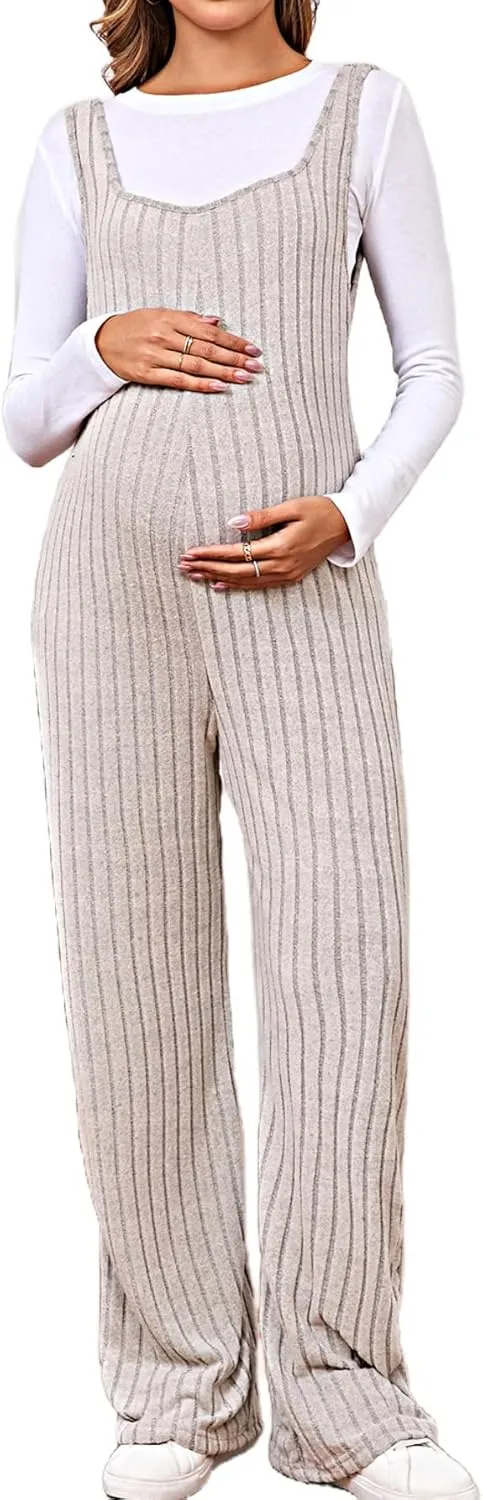 MakeMeChic Women's Maternity Jumpsuits Sleeveless Rib Knitted Straight Leg Overalls Romper