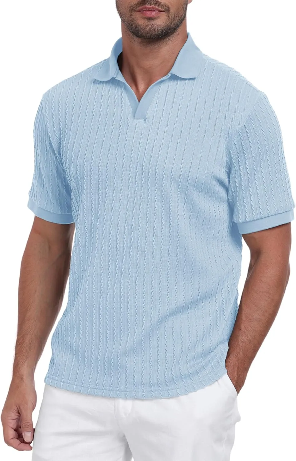 Mens Knit Polo Shirts Casual Stylish V Neck Short Sleeve Sweater Polo Knitted Textured Johnny Collar Tops Fashion 2025