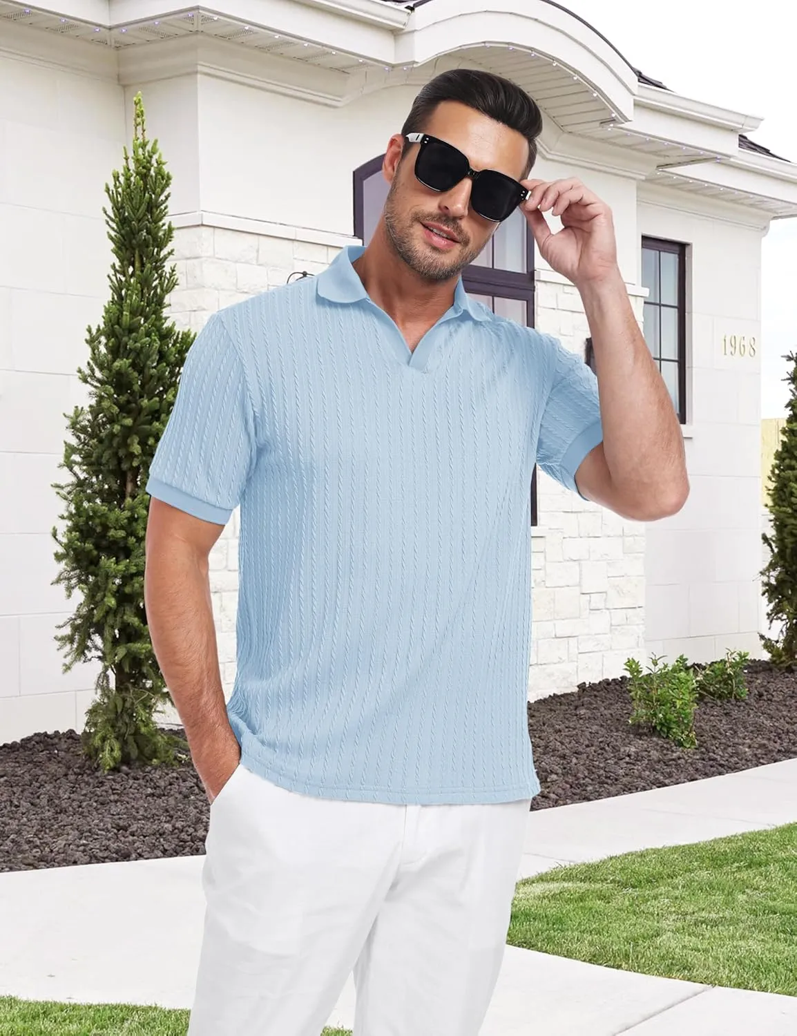 Mens Knit Polo Shirts Casual Stylish V Neck Short Sleeve Sweater Polo Knitted Textured Johnny Collar Tops Fashion 2025