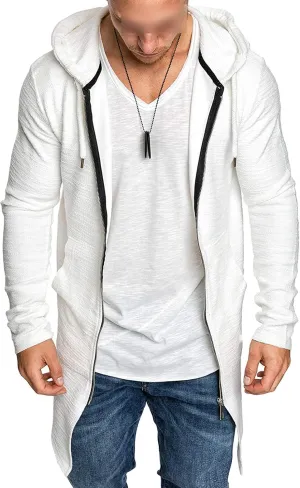 Mens Long Cardigan Jacket Slim Fit Open Front Longline Hooded Cardigan Coat Lightweight Overcoat With Pockets, White, XX-Large