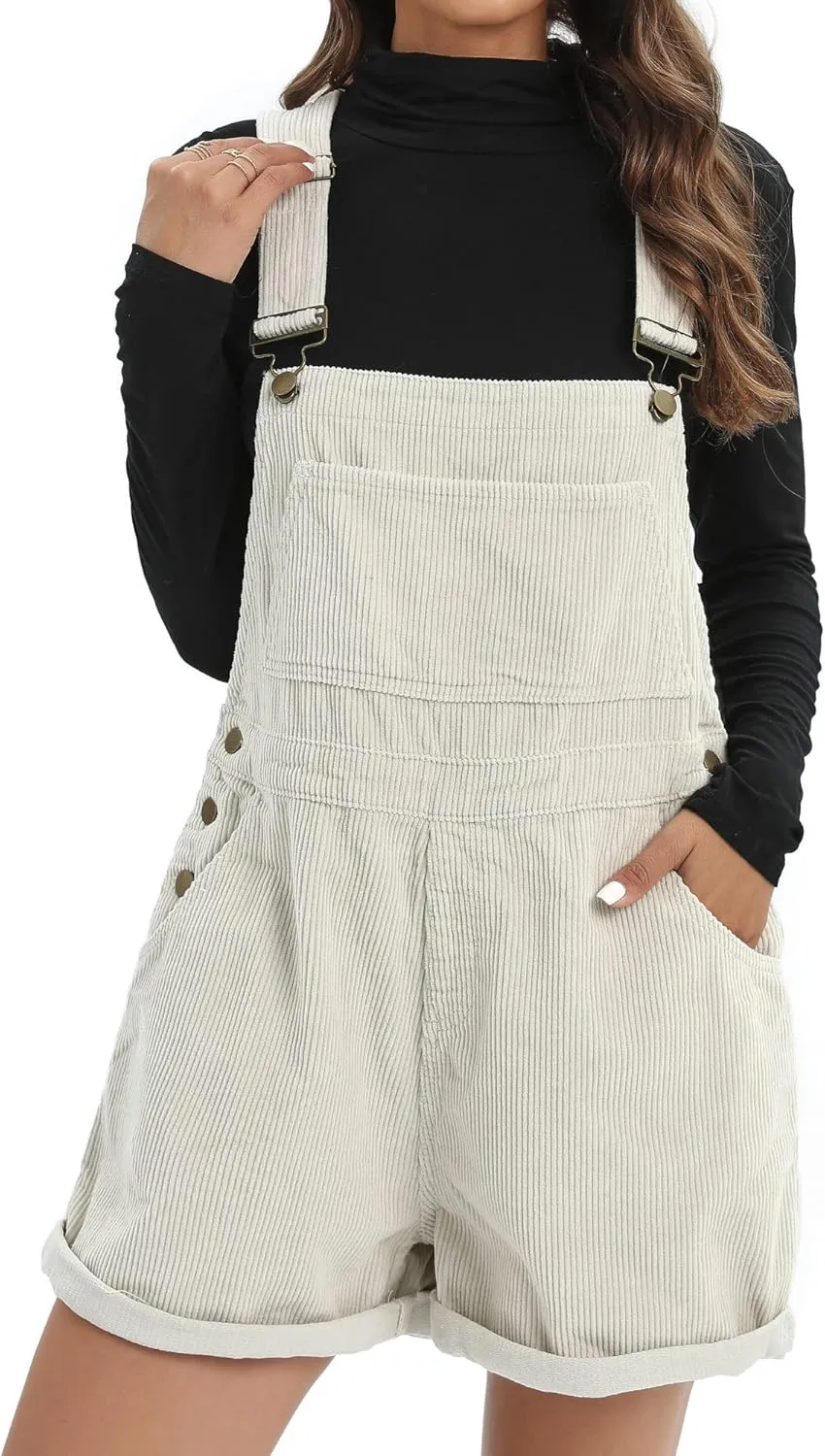 Overalls Women Shorts Loose Fit Adjustable Strap Denim Bib Roll Cuff Shortalls Romper
