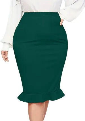 Plus Size Midi Pencil Skirt for Curvy Women - Stretch Office Fishtail Skirt Peplum Cocktail Party Skirts High Waist