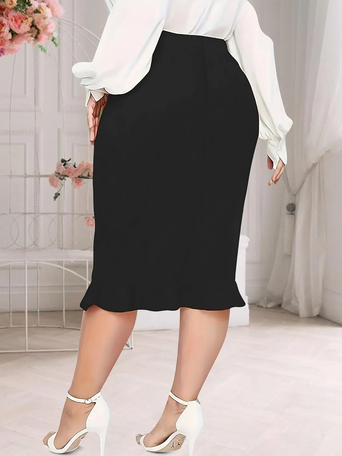 Plus Size Midi Pencil Skirt for Curvy Women - Stretch Office Fishtail Skirt Peplum Cocktail Party Skirts High Waist