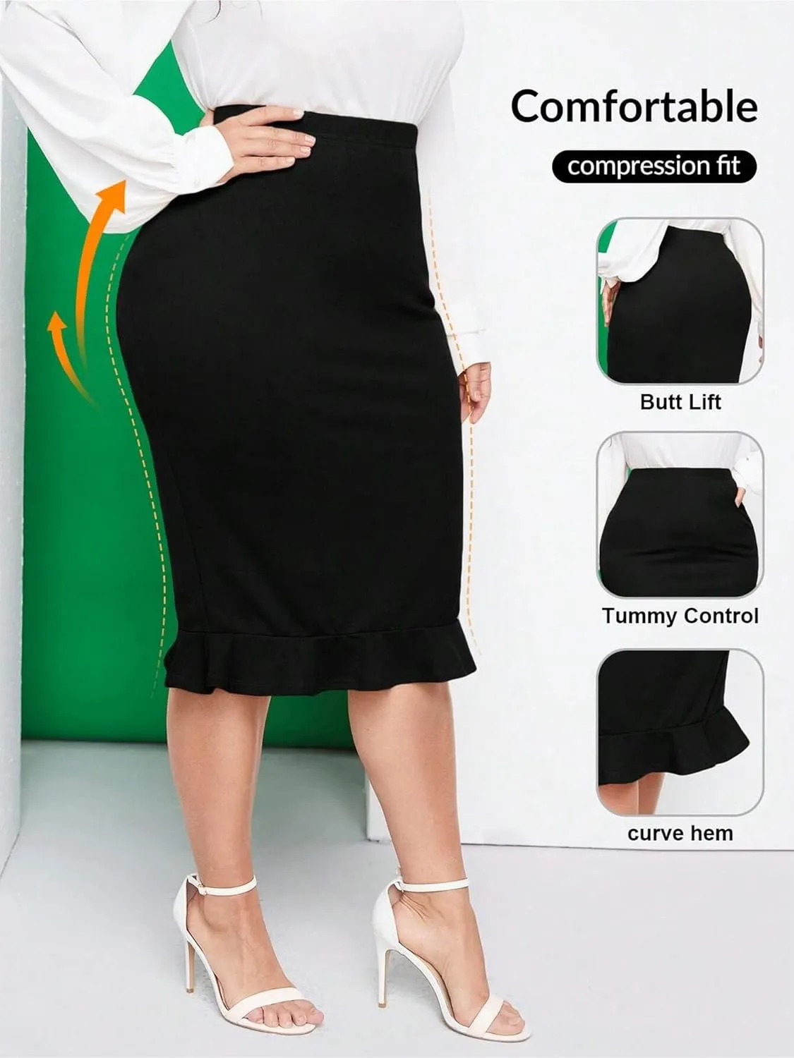 Plus Size Midi Pencil Skirt for Curvy Women - Stretch Office Fishtail Skirt Peplum Cocktail Party Skirts High Waist